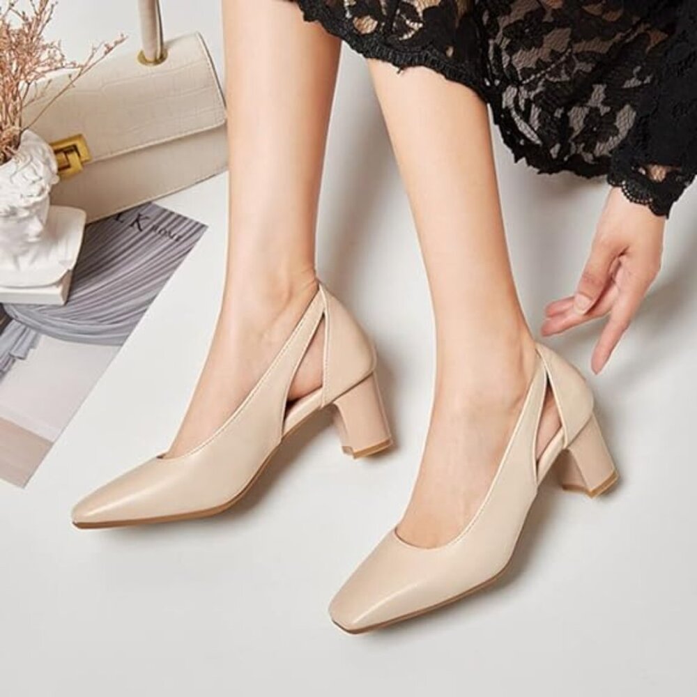 Women's Block Heels Pumps Hollow Square Toe Slip On Low Heels Shoes Work Office